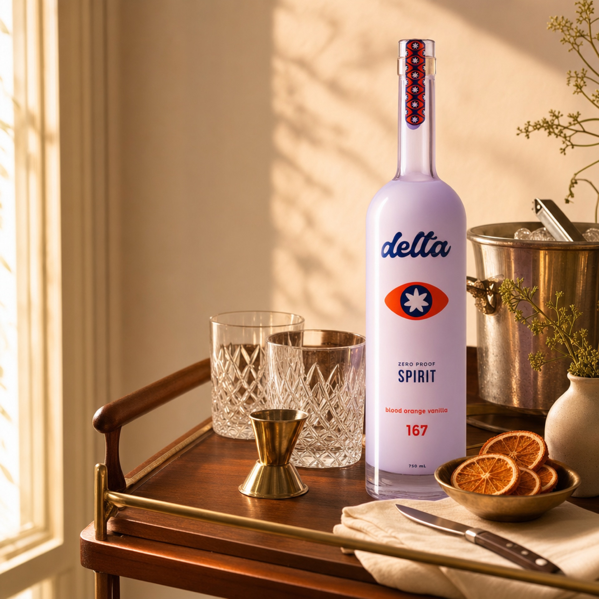 The zero-proof Spirit bottle prominent on a curated walnut and brass home bar cart in warm afternoon light, with crystal rocks glasses, brass jigger, dried orange wheels, an ice bucket, and a single linen napkin